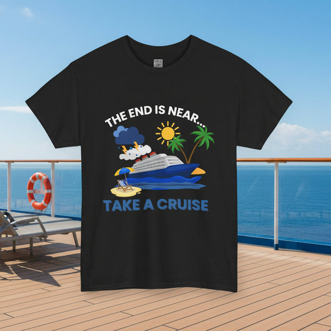 Black t-shirt with a graphic of a boat, palm trees, and text 'The End is Near... Take a cruise'