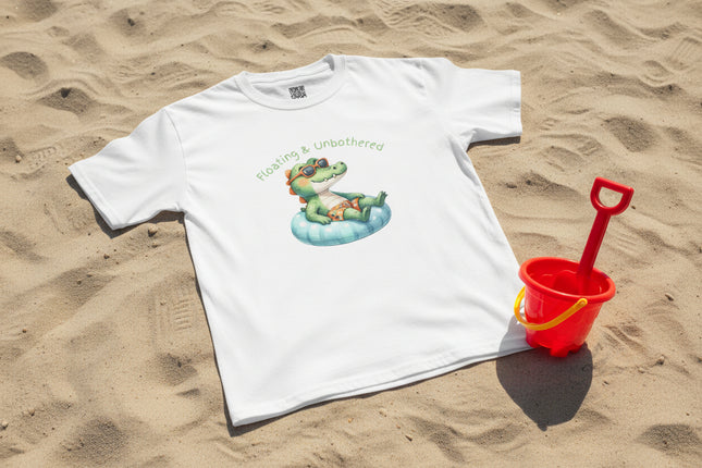White t-shirt with a graphic of a crocodile and text 'Floating & Unbothered' on sand