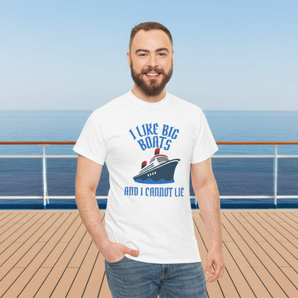 Man wearing a white t-shirt with a cruise ship graphic and "I Like Big Boats" text