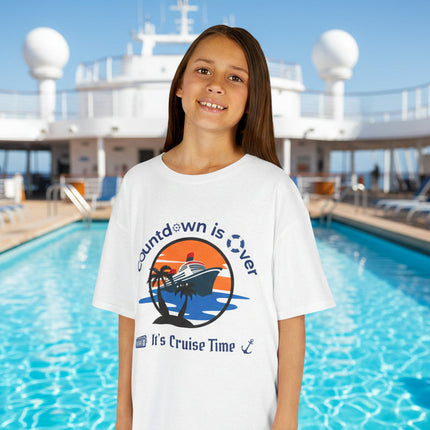 Young girl wearing a white t-shirt with a cruise ship graphic design and text 'Countdown is Over It's Cruise Time'