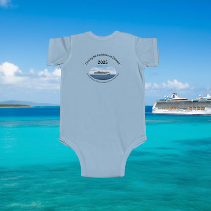 Light blue baby onesie back with a cruise ship design and personalized text
