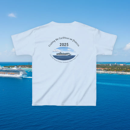 Light blue t-shirt back with a cruise ship graphic and personalized text