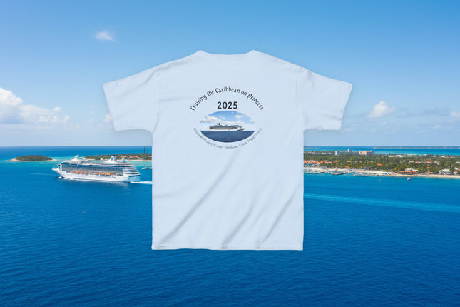 Light blue t-shirt back with a cruise ship graphic and personalized text