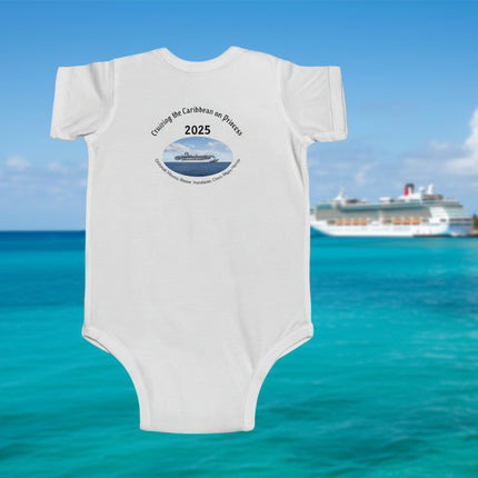 White baby onesie back with a cruise ship design and personalized text 