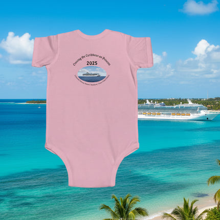 Pink baby onesie back with a cruise ship design and personalized text