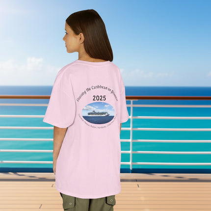 Person wearing a pink t-shirt with a cruise ship graphic and personalized text on the back