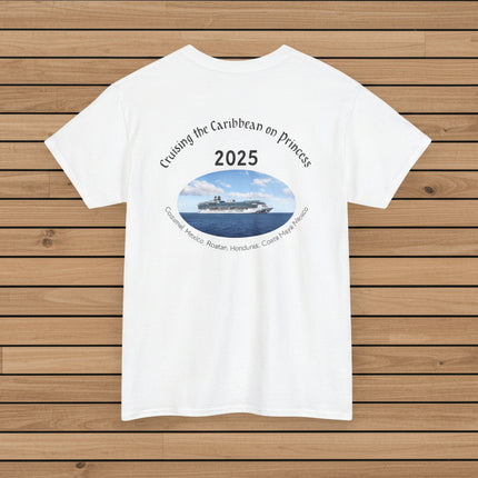 White t-shirt with a cruise ship graphic and date and location text