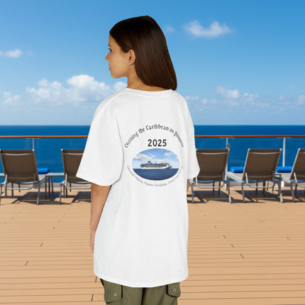 Person wearing a white t-shirt with a cruise ship graphic and personalized text on the back