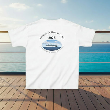 White t-shirt back with a cruise-themed design and personalized text 