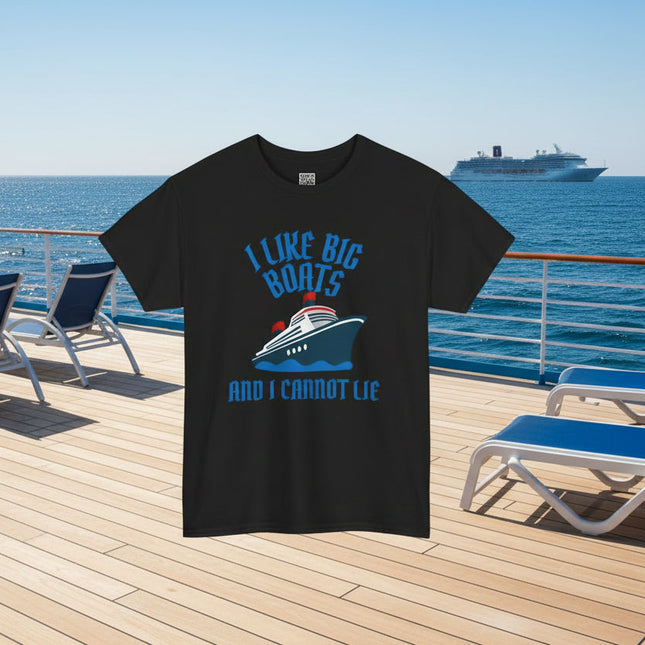 Black t-shirt with a cruise ship graphic and "I Like Big Boats" text