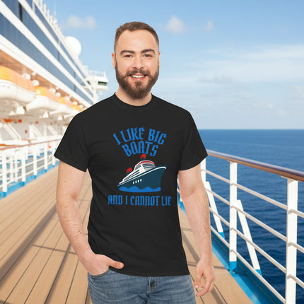 Man wearing a black t-shirt with a cruise ship graphic and "I Like Big Boats" text