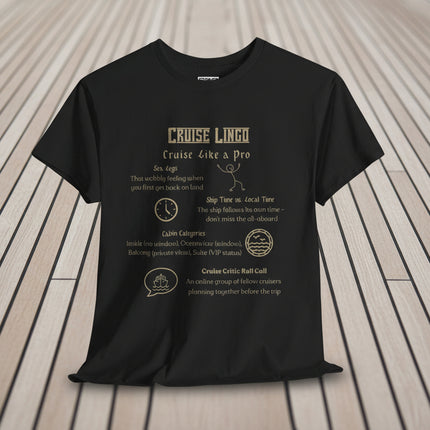 Black t-shirt with cruise lingo Cruise Like A Pro text and ship graphics