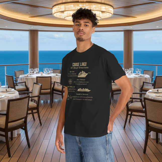 Man wearing a black t-shirt with cruise lingo text and ship graphics