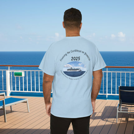 Light blue t-shirt with a cruise ship graphic and location and date text on the back