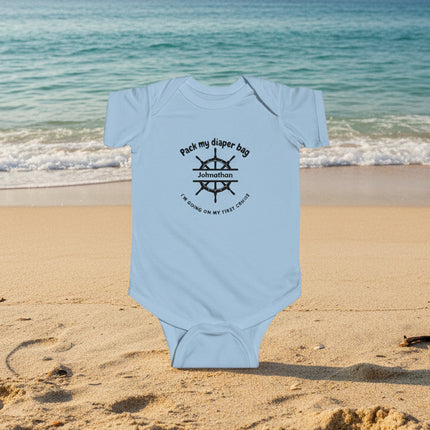 Light blue personalized baby onesie with black "Pack My Diaper Bag" text and ship steering wheel graphic