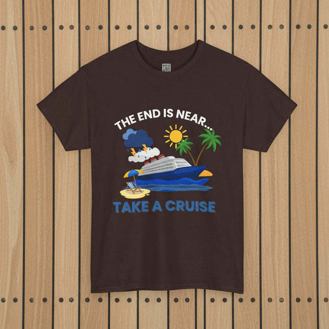 Brown t-shirt with a graphic of a boat, palm trees, and text 'The End is Near.