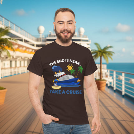 Man wearing a black t-shirt with a cruise-themed graphic and "The End is Near... Take a Cruise" text.