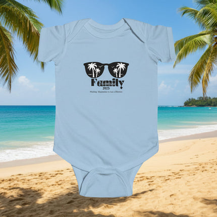 Light-blue baby onesie with black sunglass with palm trees graphic  and personalized  family vacation text