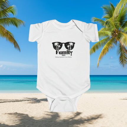 White baby onesie with black sunglass with palm trees graphic  and personalized  family vacation text