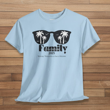 blue t-shirt with a black sunglasses with palm trees graphic design and "family vacation" text with personalized year