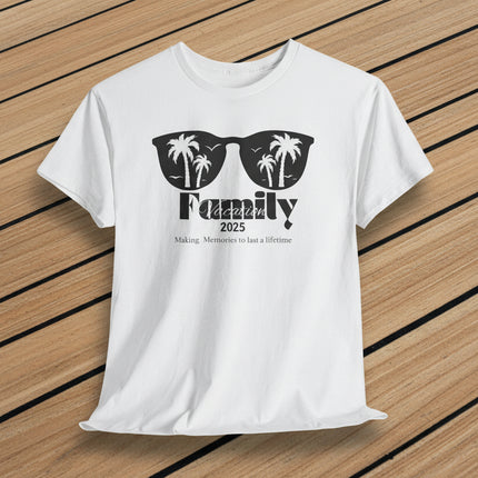 White t-shirt with a black sunglasses with palm trees graphic design and "family vacation" text with personalized year
