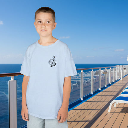 Child wearing a light blue t-shirt with a small personalized anchor logo