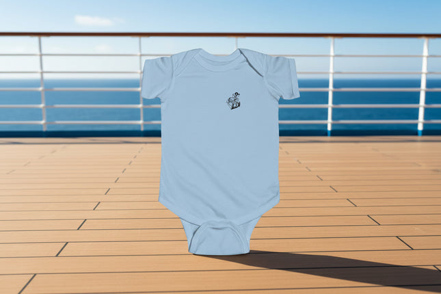 Light blue baby onesie front with a small personalized anchor logo on left