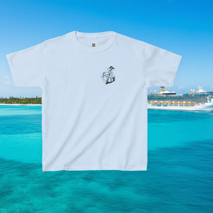 Light blue t-shirt front with a small black personalized anchor graphic