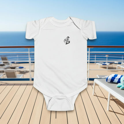 White baby onesie front with a small black personalized anchor design