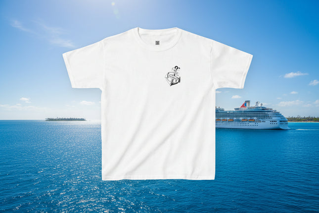 Front white t-shirt with a small black personalized anchor