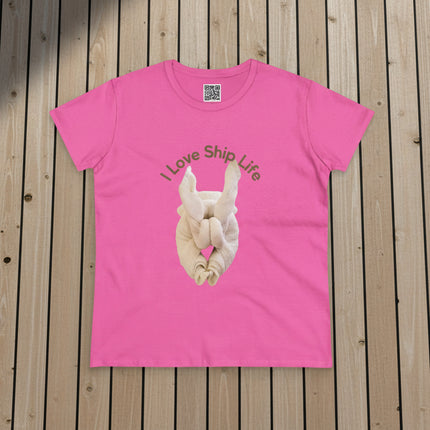 Pink t-shirt with a graphic of towel animal and 'I Love Ship Life' text