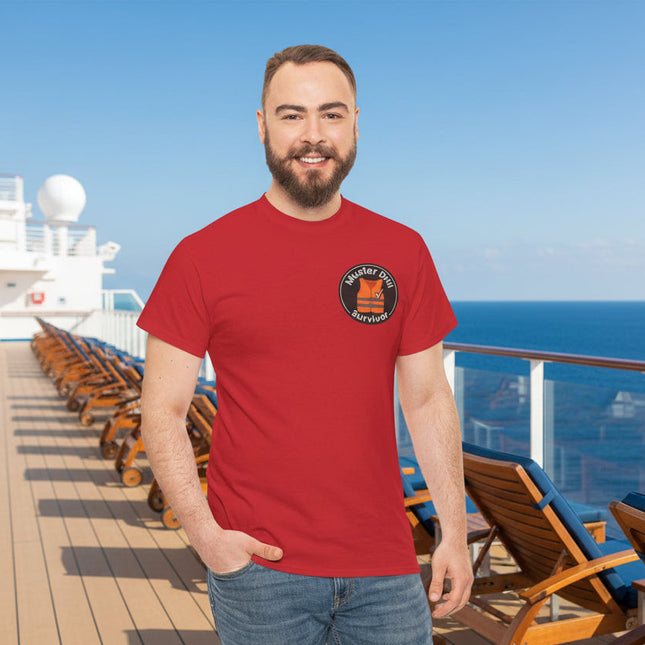 Man wearing a red t-shirt with a life vest graphic and Muster Drill Survivor text 