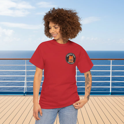 Woman wearing a red Muster drill Survivor t-shirt with a life vest graphic