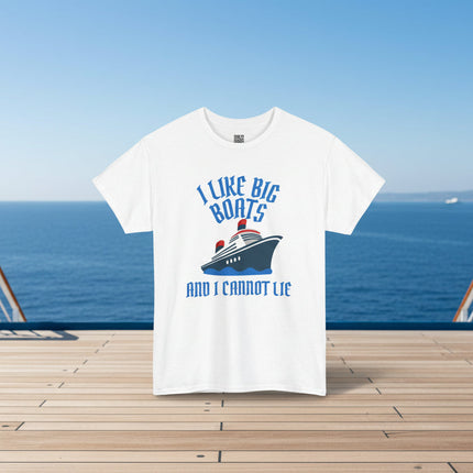 White t-shirt with a cruise ship graphic and "I Like Big Boats" text