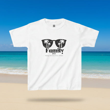 White t-shirt with black sunglasses graphic design and Family Vacation 2026 text