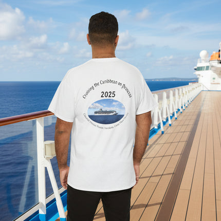 Person wearing a white t-shirt with a cruise ship graphic and personalized location and date text on the back